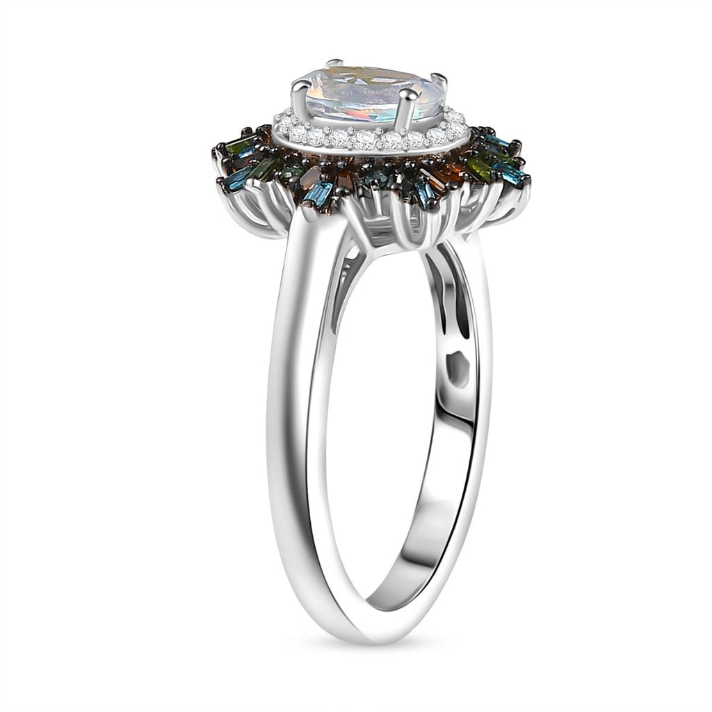 D'Joy AAA Premium Malagasy Mondstein und mehrfarbiger Diamant Ring und Anhänger mit 50cm Kette