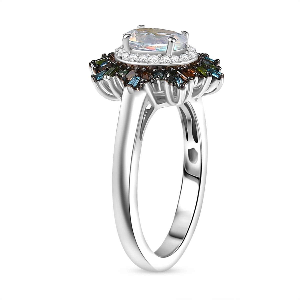D'Joy AAA Premium Malagasy Mondstein und mehrfarbiger Diamant Ring und Anhänger mit 50cm Kette