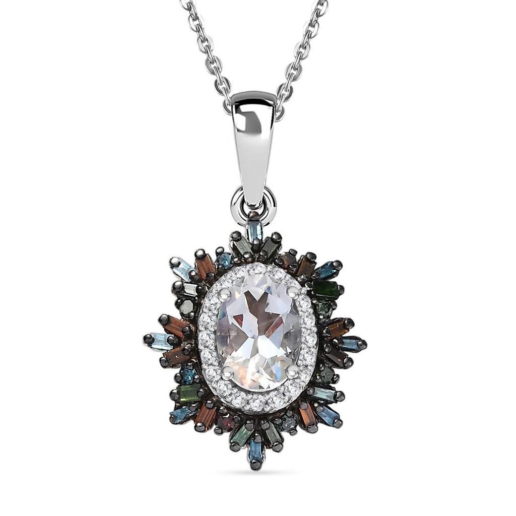 D'Joy AAA Premium Malagasy Mondstein und mehrfarbiger Diamant Ring und Anhänger mit 50cm Kette