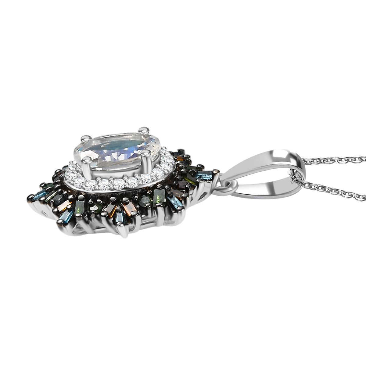 D'Joy AAA Premium Malagasy Mondstein und mehrfarbiger Diamant Ring und Anhänger mit 50cm Kette