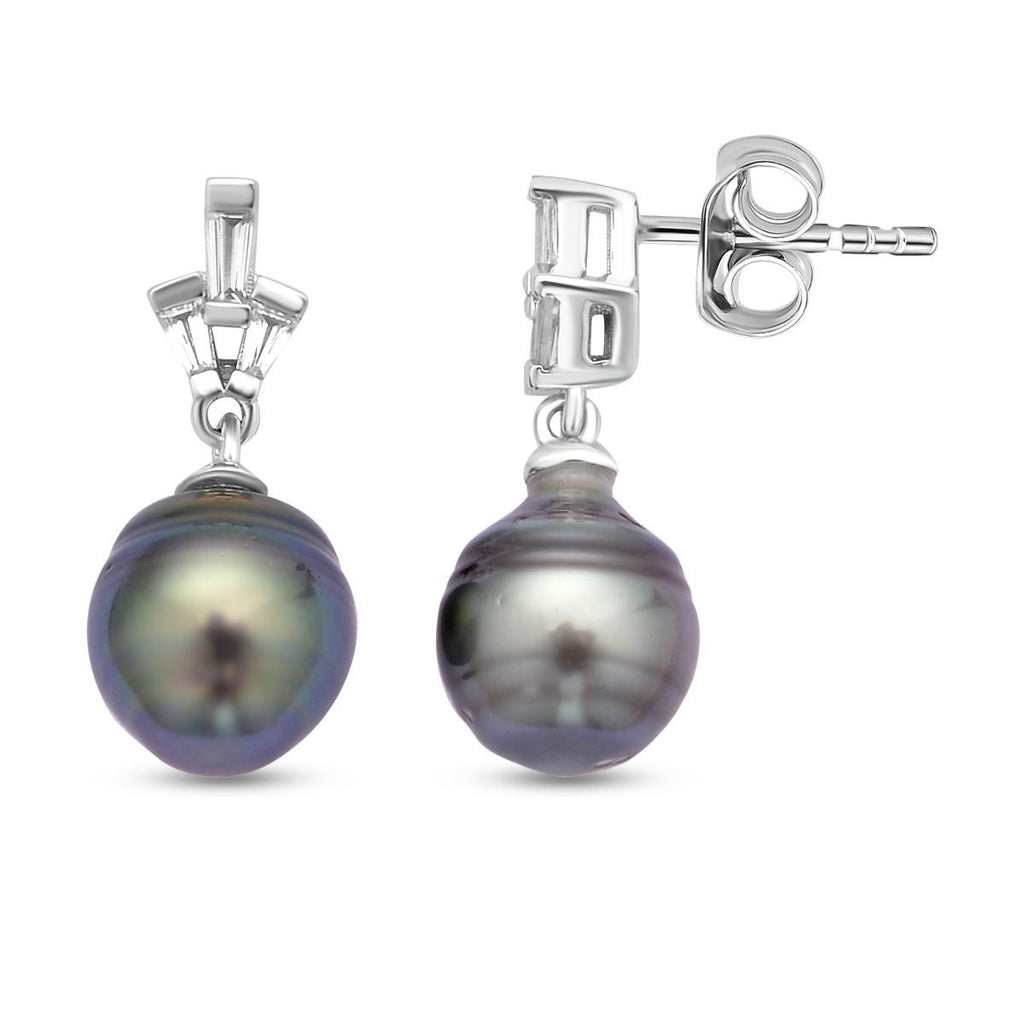 Tahiti Perle und weiße Zirkon Ohrringe, 925 Silber rhodiniert ca. 0.61 ct