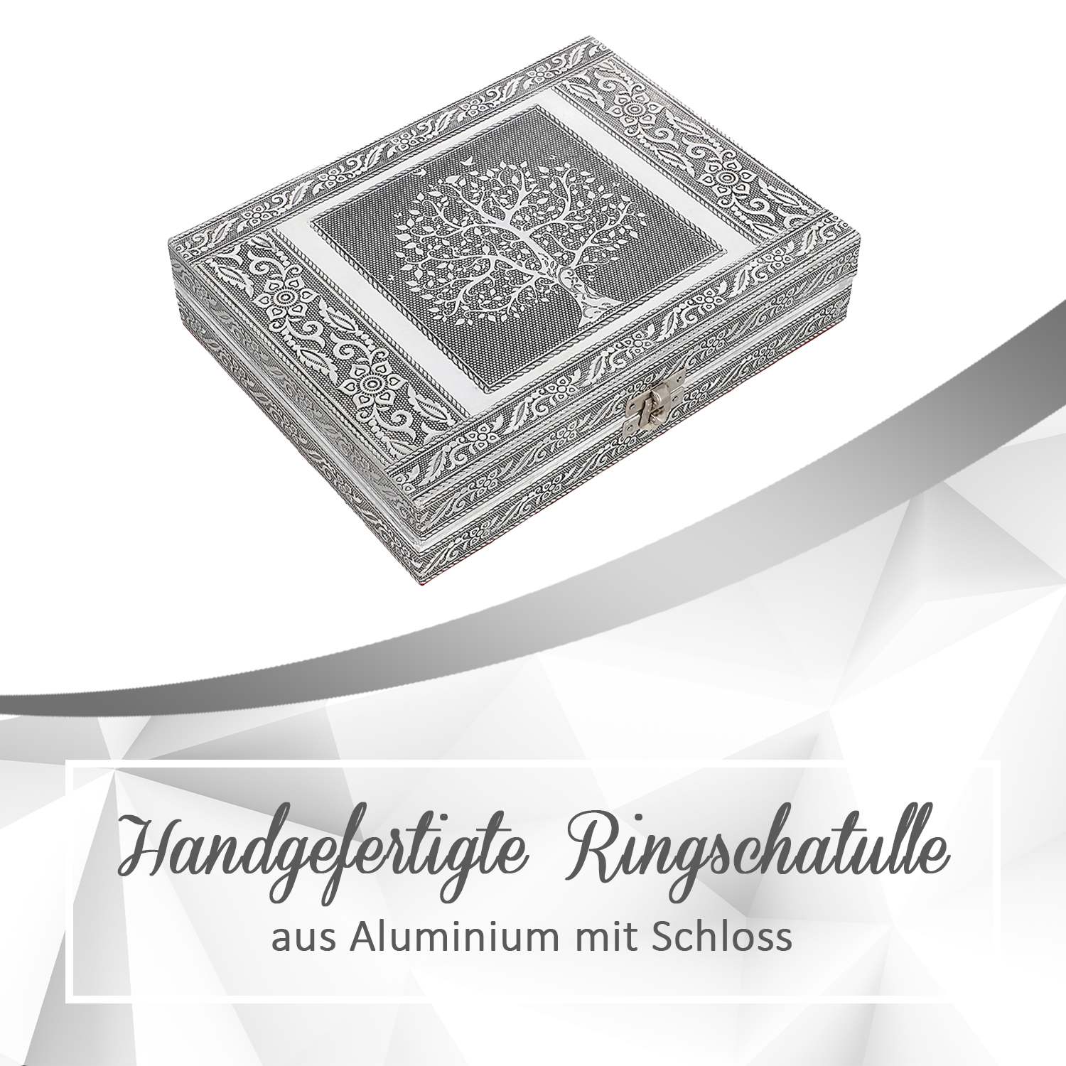 Handgefertigte Ringschatulle aus Aluminium, 23x18x5 cm, Lebensbaum