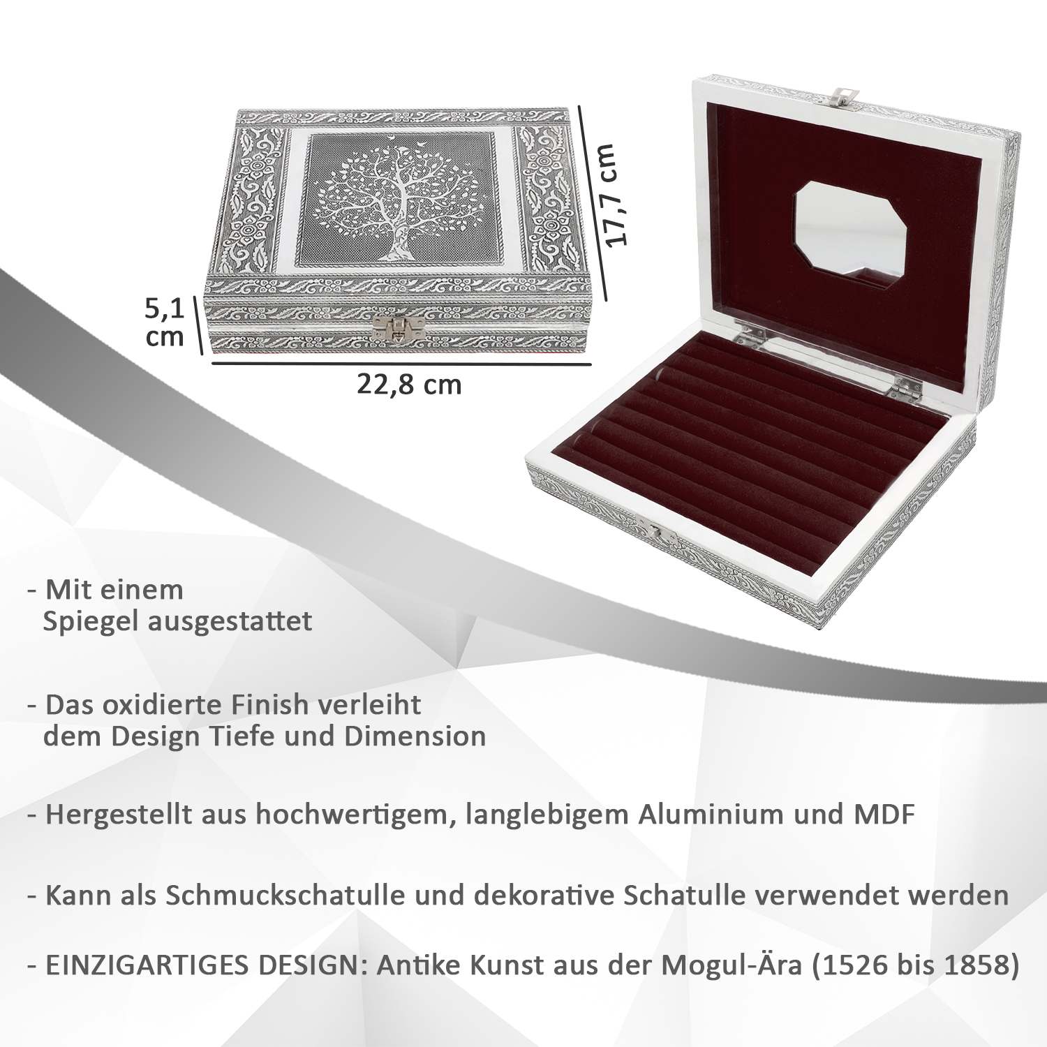 Handgefertigte Ringschatulle aus Aluminium, 23x18x5 cm, Lebensbaum