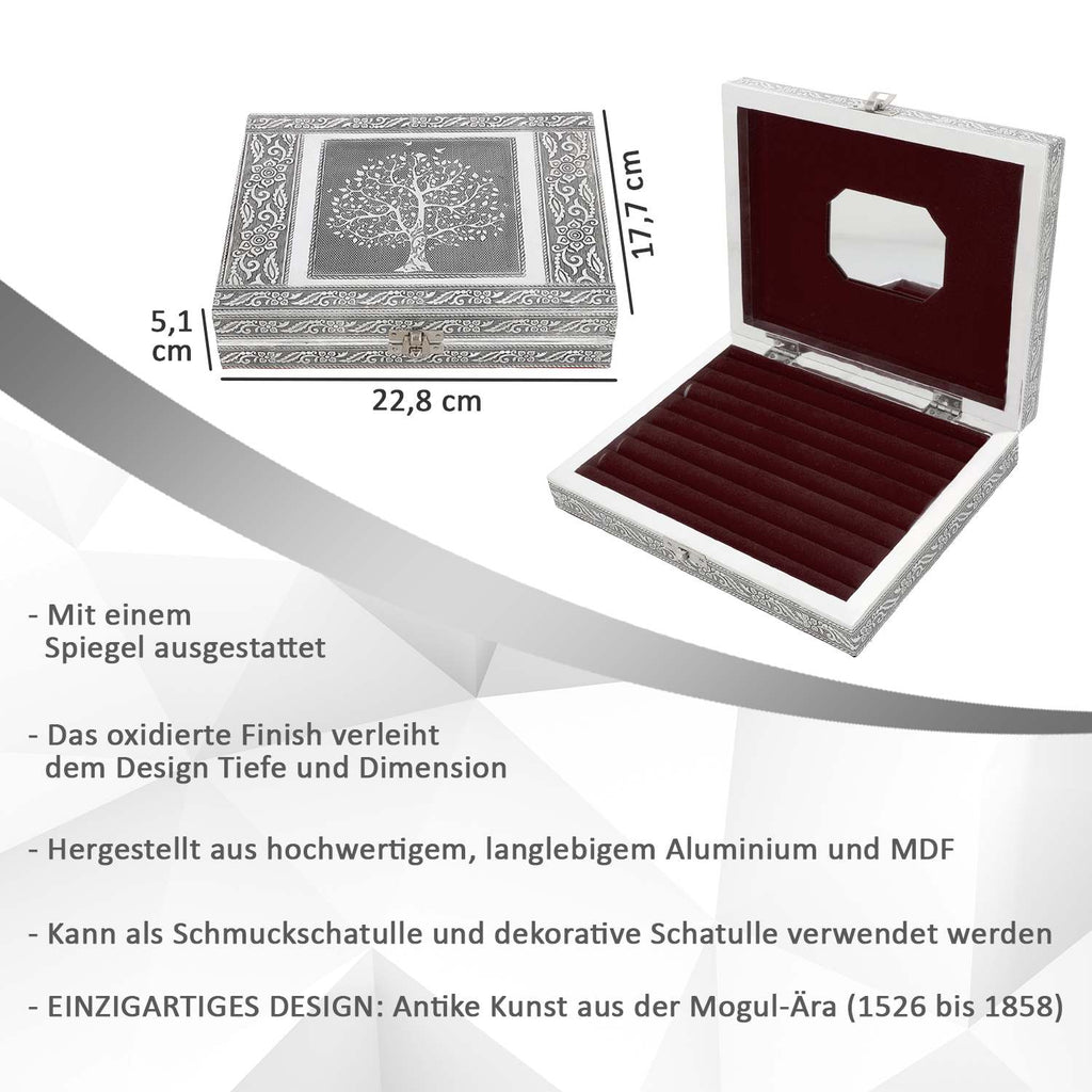 Handgefertigte Ringschatulle aus Aluminium, 23x18x5 cm, Lebensbaum