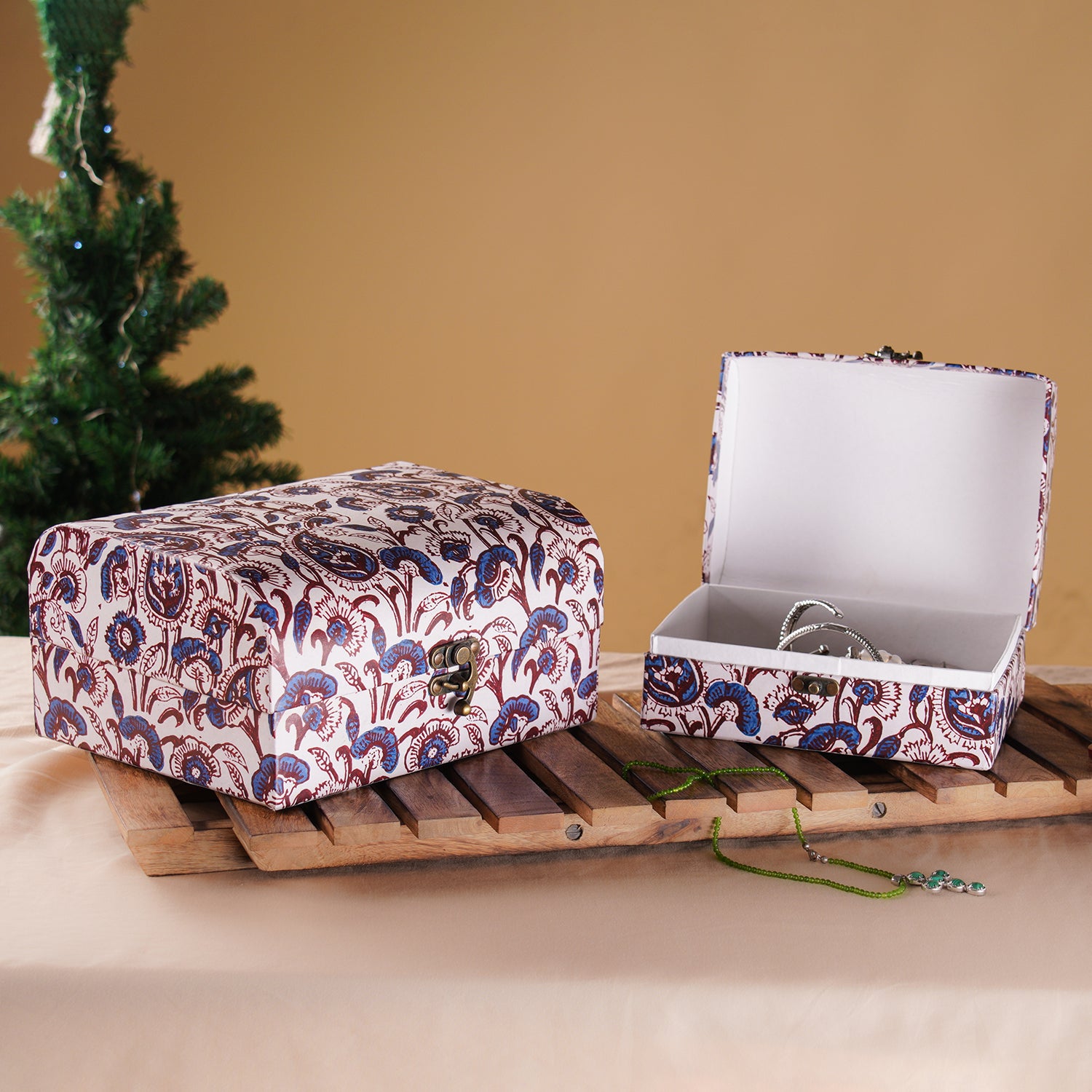 2er-Set Damask Bedruckte Schatztruhe, L - 26x21x13 cm, S - 20x15x10 cm, blaue Blumen