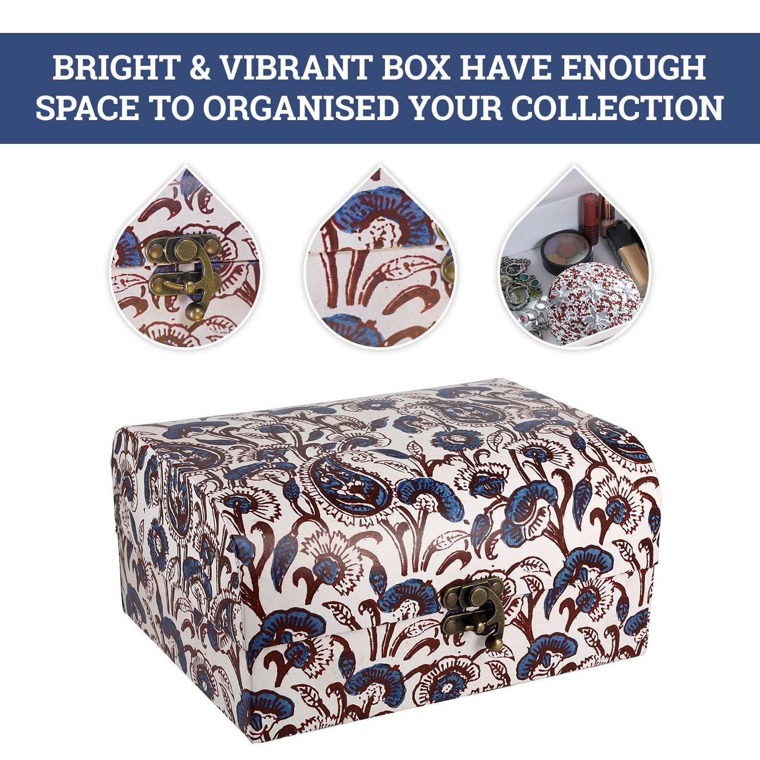 2er-Set Damask Bedruckte Schatztruhe, L - 26x21x13 cm, S - 20x15x10 cm, blaue Blumen