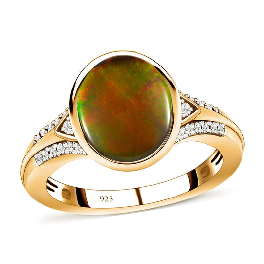 Kanadischer Ammolit und weißer Zirkon-Ring, 925 Silber Gelbgold Vermeil (Größe 19.00) ca. 2.92 ct