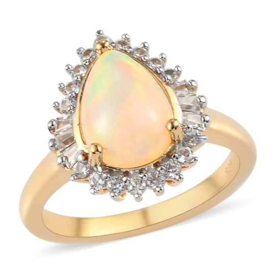 Natürlicher, äthiopischer Opal und Zirkon Halo-Ring, 925 Silber Gelbgold Vermeil (Größe 20.00) ca. 1.68 ct