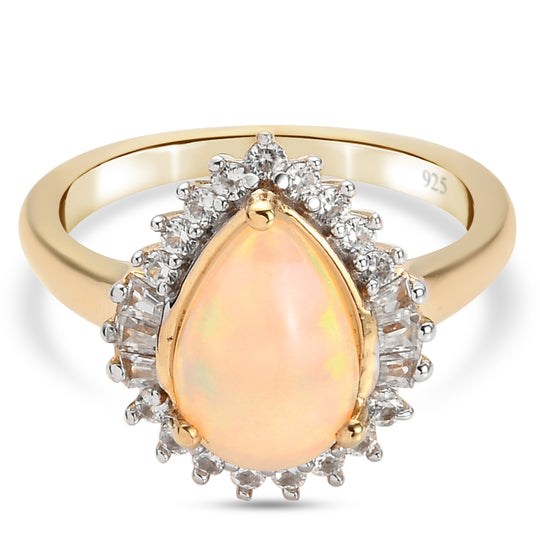 Natürlicher, äthiopischer Opal und Zirkon Halo-Ring, 925 Silber Gelbgold Vermeil (Größe 20.00) ca. 1.68 ct