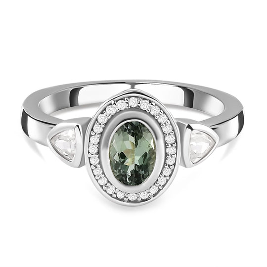 Grüner Tansanit und weißer Zirkon-Ring, 925 Silber platiniert (Größe 19.00) ca. 1.09 ct