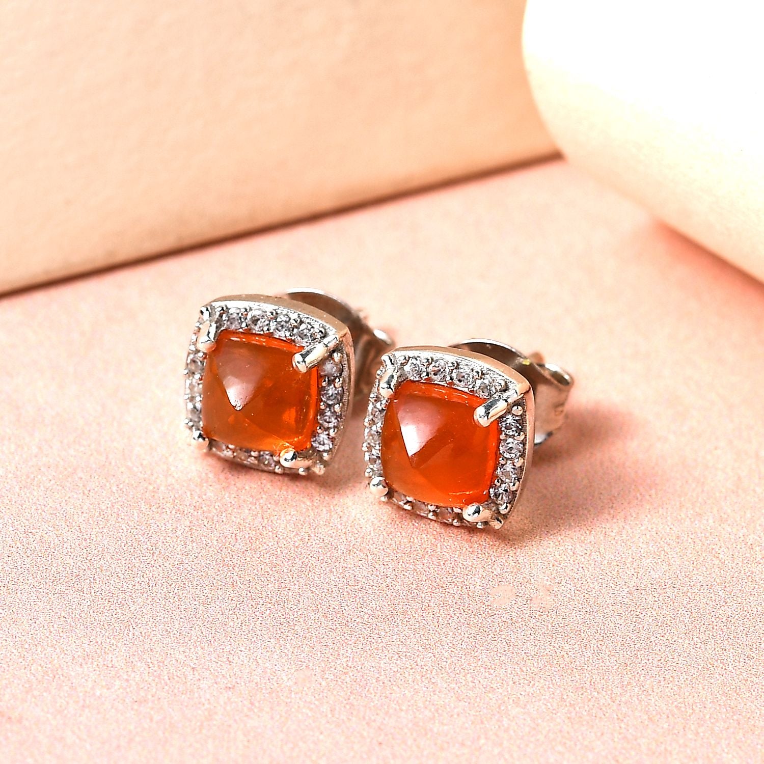 Salamanca Feueropal und weiße Zirkon-Ohrringe, 925 Silber platiniert ca. 1.38 ct