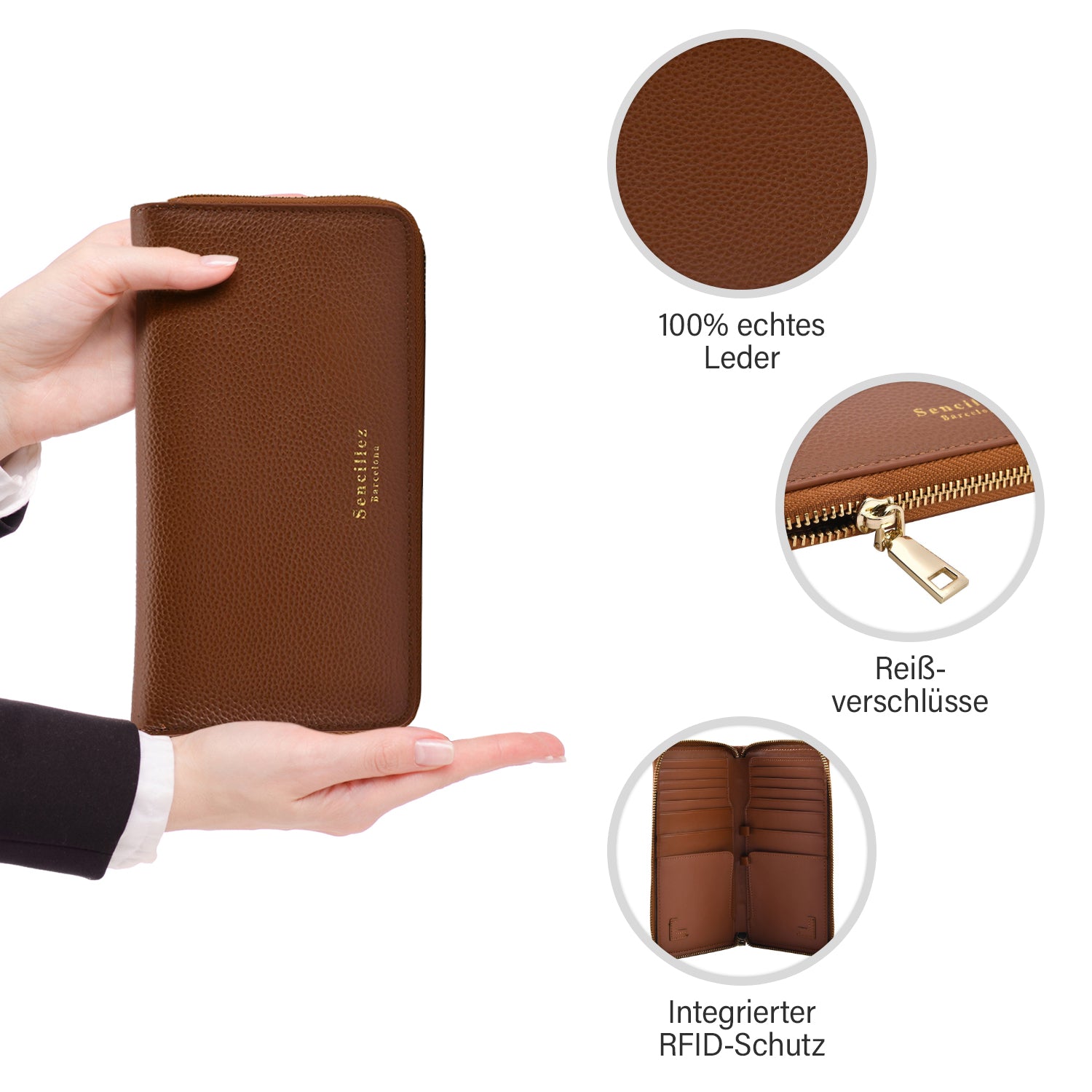 Sencillez: Dokumenten-Etui aus 100% echtem Leder mit RFID Schutz, 21x11x2cm, Braun