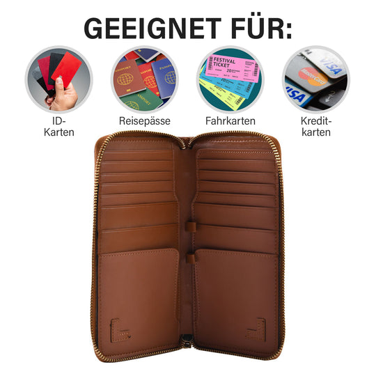 Sencillez: Dokumenten-Etui aus 100% echtem Leder mit RFID Schutz, 21x11x2cm, Braun