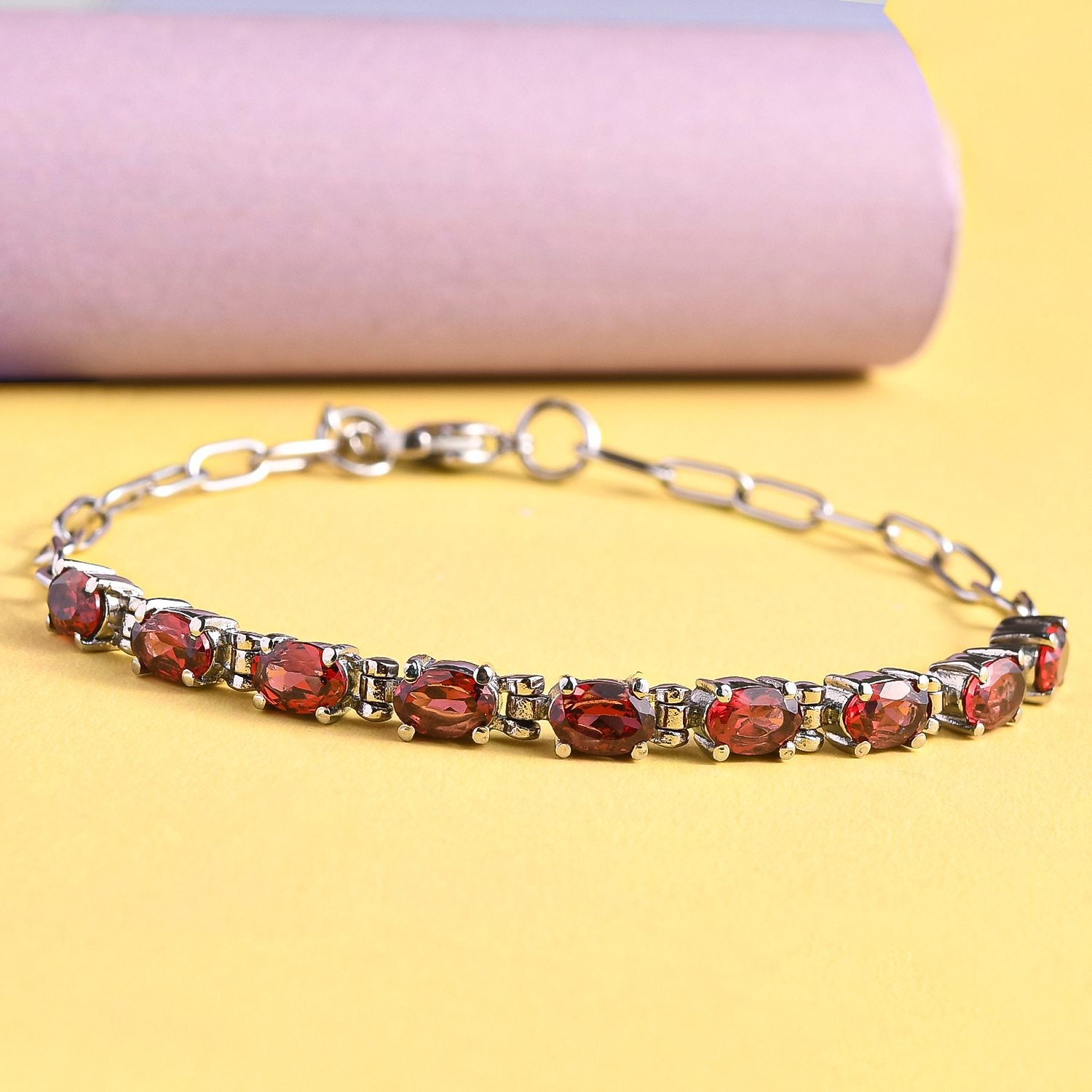 Rotes Granat Armband, ca. 19 cm, Edelstahl ca. 5.03 ct