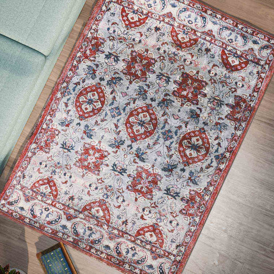 Handgefertigter Blockdruckteppich mit eklektischem Muster, 120x180cm, creme