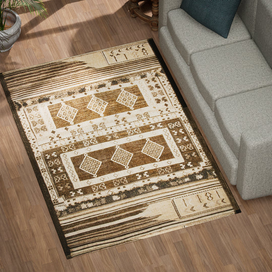 Handgefertigter Blockdruckteppich mit eklektischem Muster, 120x180cm, creme