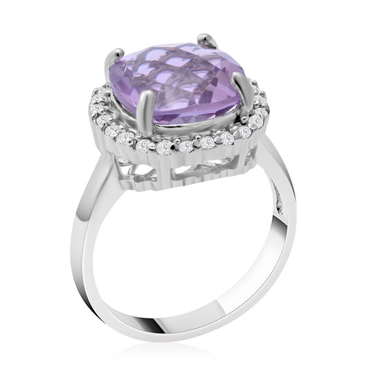 Rosa Amethyst und weißer Zirkon-Ring, 925 Silber platiniert (Größe 16.00) ca. 4,26 ct