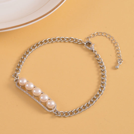 Weißes Muschelkernperle und Zirkonia 19cm Armband, Messing