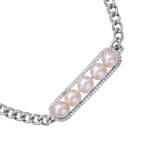 Weißes Muschelkernperle und Zirkonia 19cm Armband, Messing