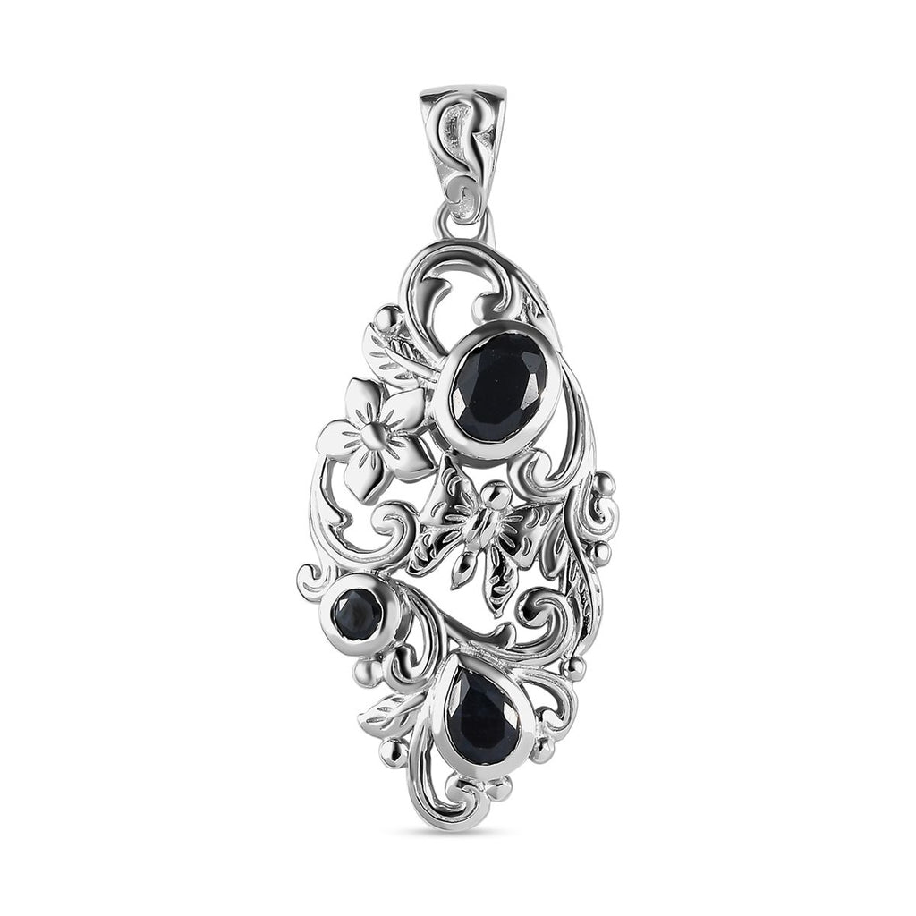Schwarzer Saphir Anhänger, 925 Silber platiniert ca. 3.10 ct