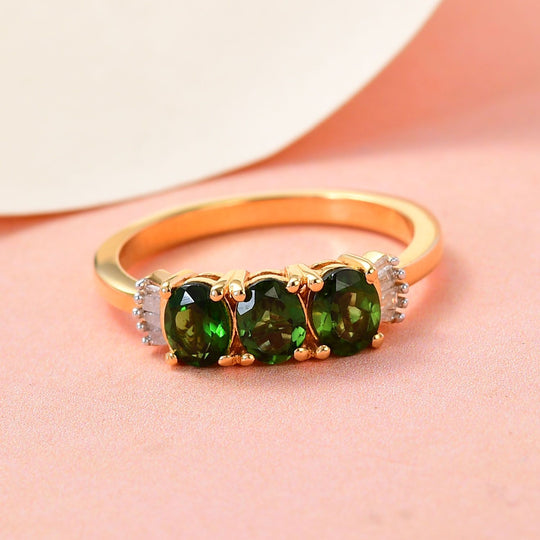 Natürlicher Chrom Turmalin und weißer Diamant-Ring, 925 Silber Gelbgold Vermeil (Größe 20.00) ca. 1.03 ct