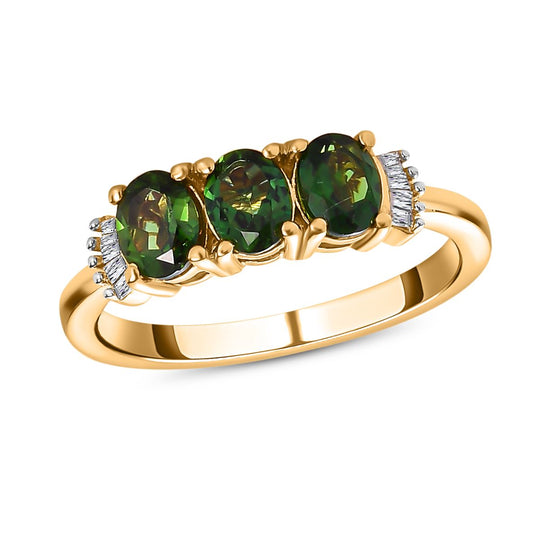 Natürlicher Chrom Turmalin und weißer Diamant-Ring, 925 Silber Gelbgold Vermeil (Größe 20.00) ca. 1.03 ct