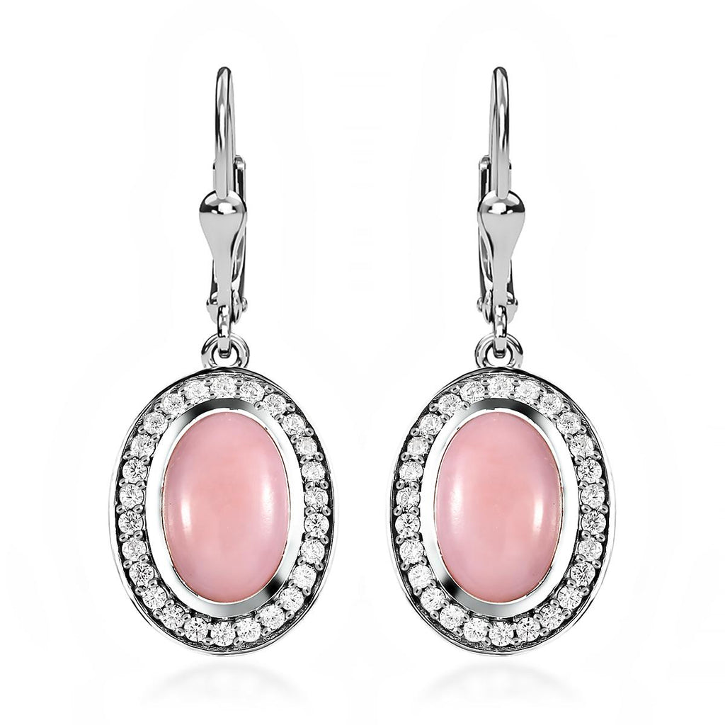 Natürliche Peruanische Rosa-Opal und weiße Zirkon-Ohrringe, 925 Silber platiniert ca. 6.45 ct