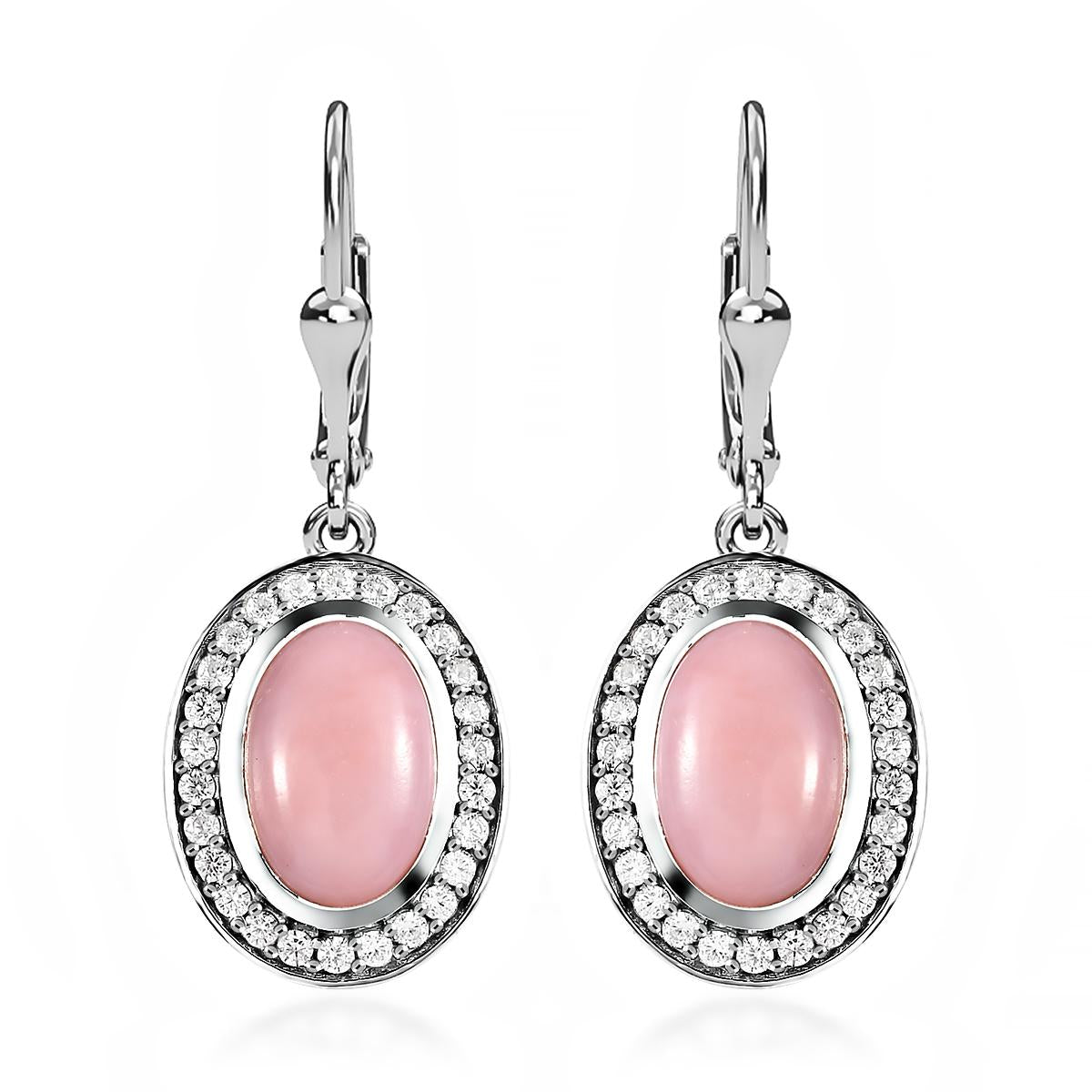 Natürliche Peruanische Rosa-Opal und weiße Zirkon-Ohrringe, 925 Silber platiniert ca. 6.45 ct