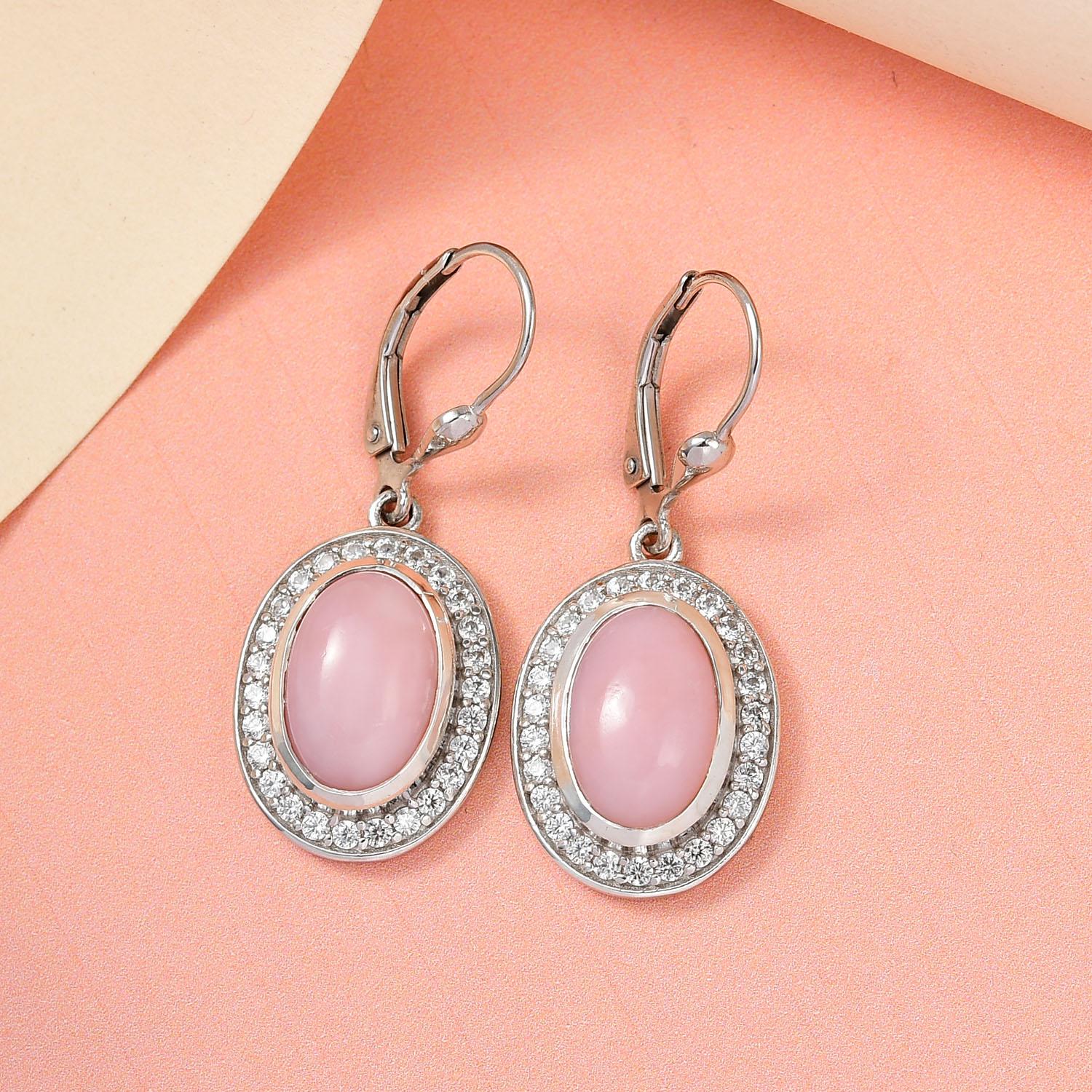 Natürliche Peruanische Rosa-Opal und weiße Zirkon-Ohrringe, 925 Silber platiniert ca. 6.45 ct