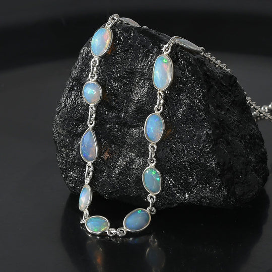 Natürliche, äthiopische Welo Opal Halskette, ca. 45 cm, 925 Silber ca. 3.34 ct