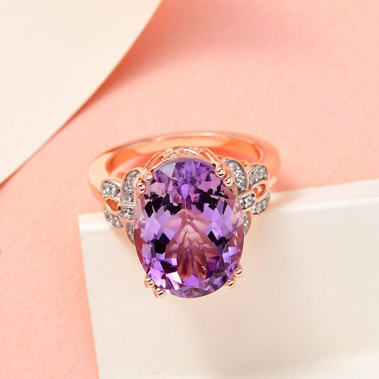 Rose de France Amethyst und weißer Zirkon-Ring, 925 Silber Roségold Vermeil (Größe 21.00) ca. 9.21 ct