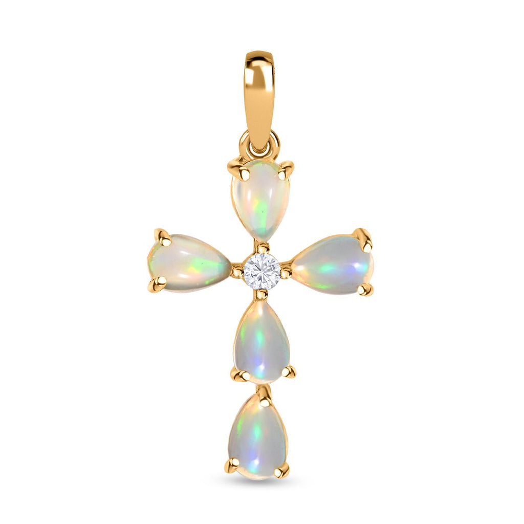 Natürlicher, äthiopischer Welo Opal und weißer Zirkon Kreuz-Anhänger, 925 Silber vergoldet ca. 1.41 ct