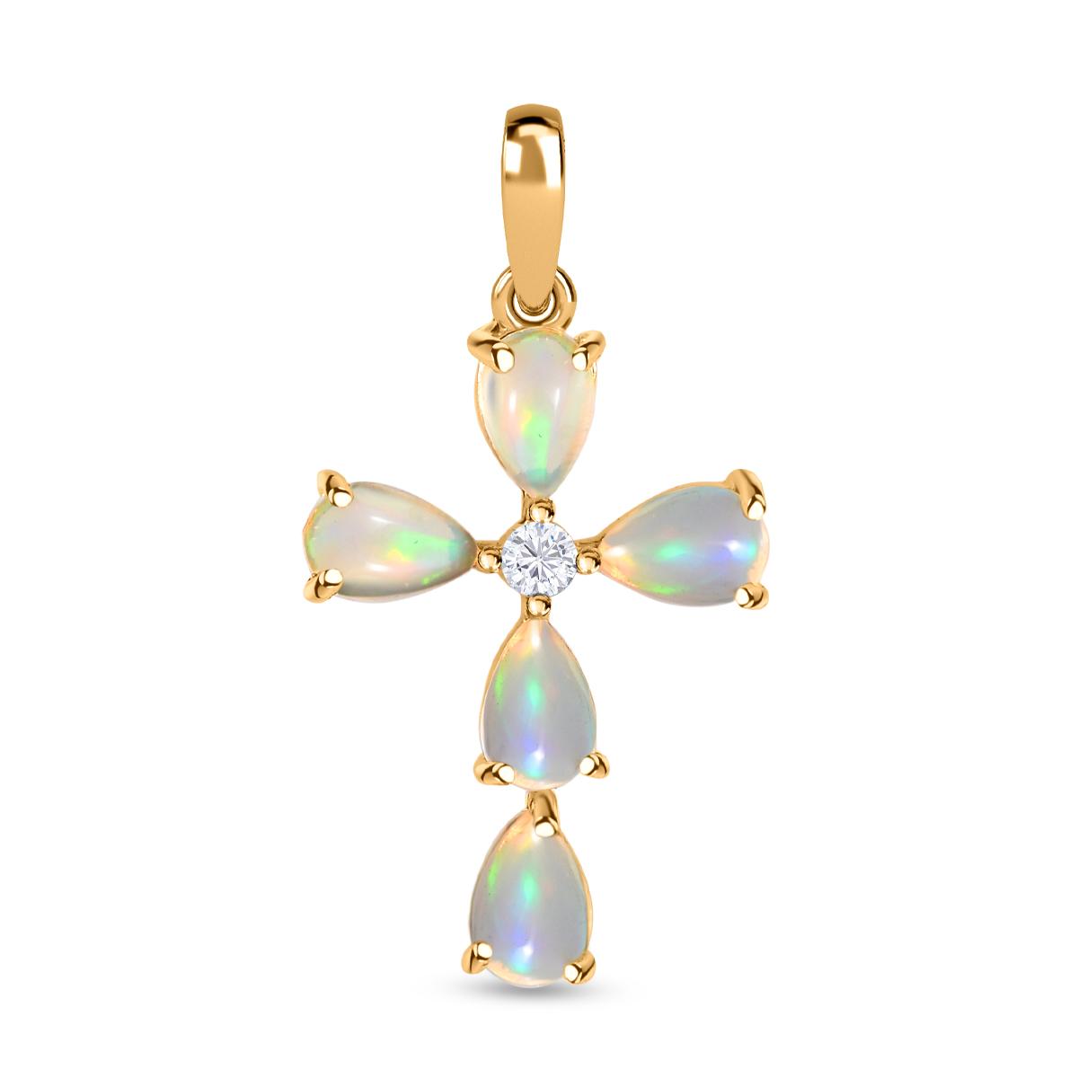 Natürlicher, äthiopischer Welo Opal und weißer Zirkon Kreuz-Anhänger, 925 Silber vergoldet ca. 1.41 ct