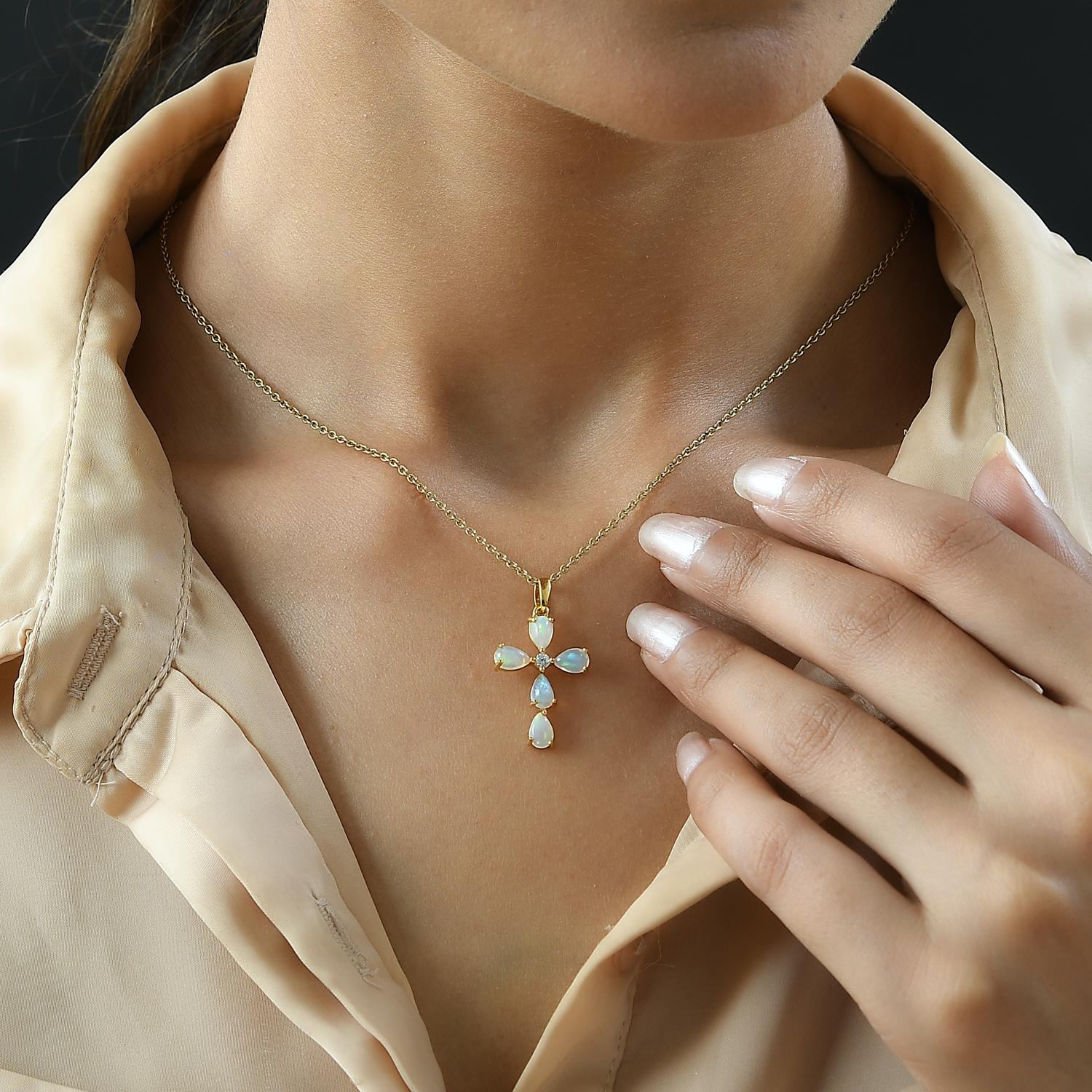 Natürlicher, äthiopischer Welo Opal und weißer Zirkon Kreuz-Anhänger, 925 Silber vergoldet ca. 1.41 ct