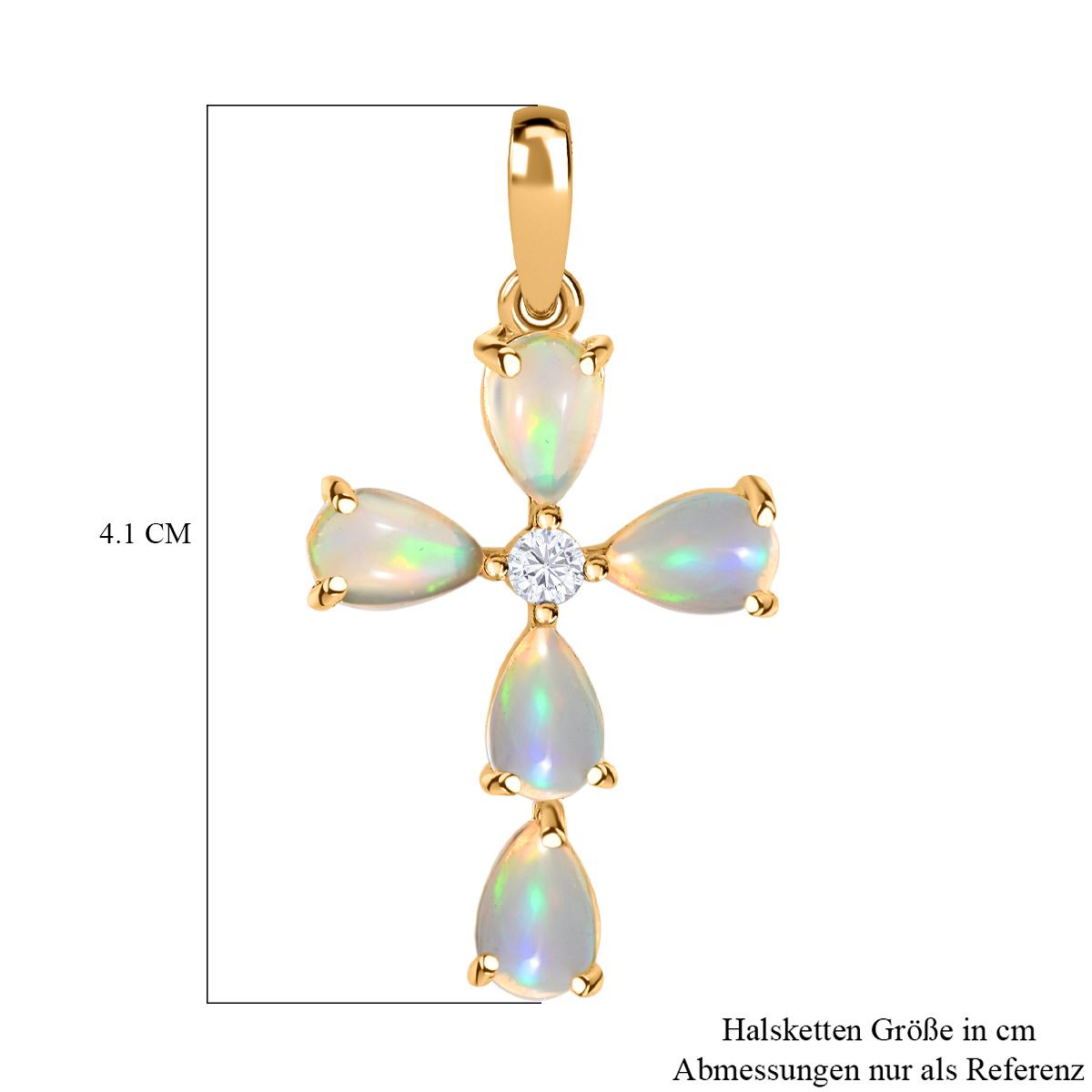 Natürlicher, äthiopischer Welo Opal und weißer Zirkon Kreuz-Anhänger, 925 Silber vergoldet ca. 1.41 ct