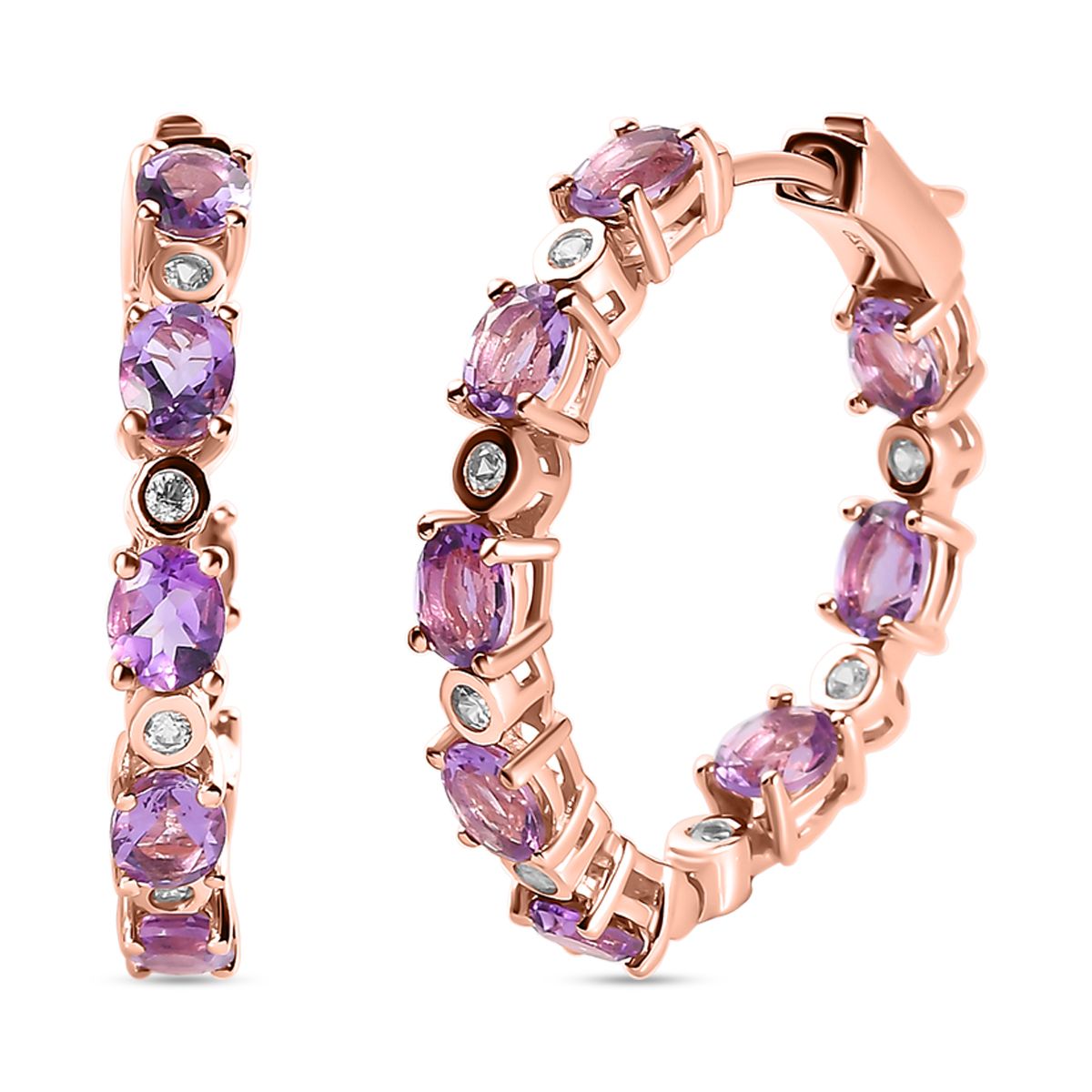 Rose de France Amethyst und weiße Zirkon Creolen, 925 Silber rosévergoldet ca. 5.73 ct