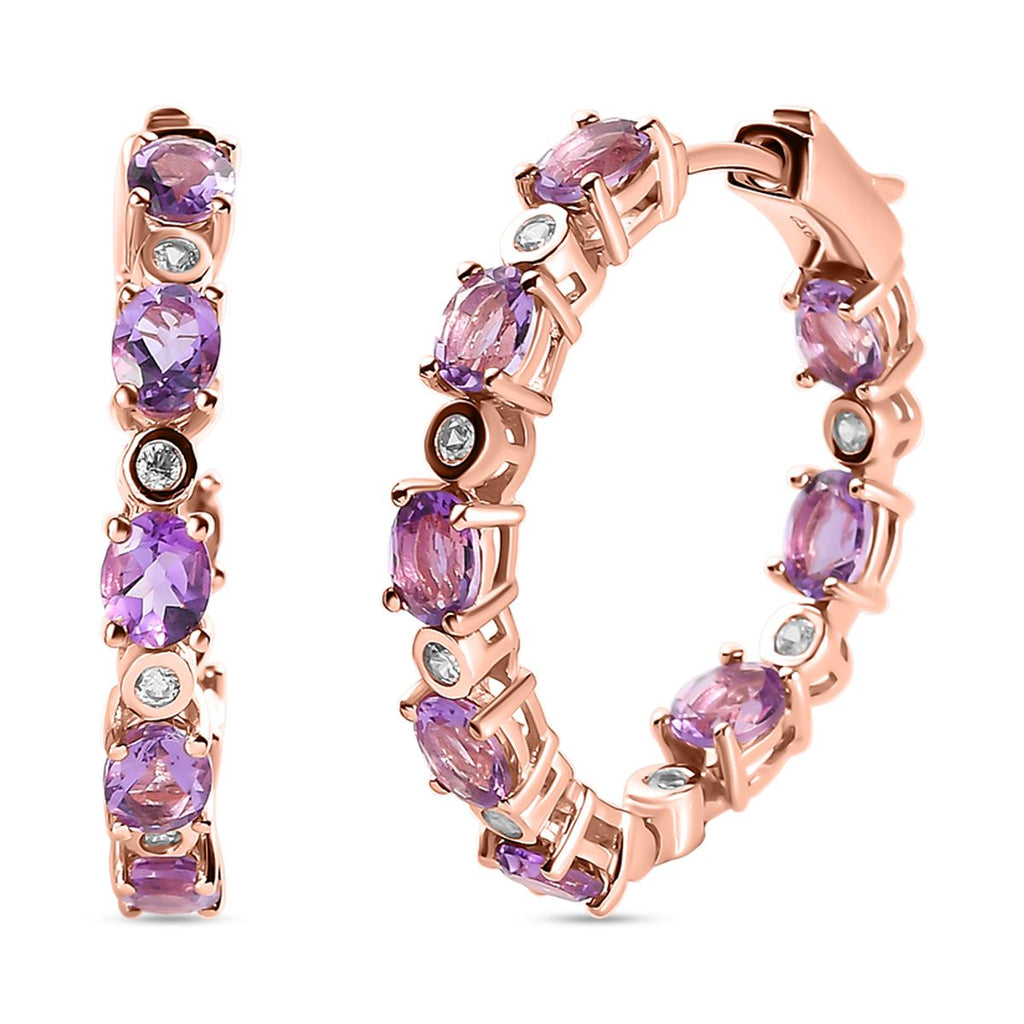 Rose de France Amethyst und weiße Zirkon Creolen, 925 Silber rosévergoldet ca. 5.73 ct