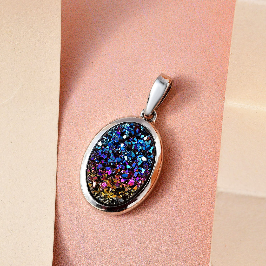 Regenbogen-Drusen Quarz Anhänger, 925 Silber platiniert ca. 3,93 ct