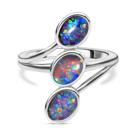 Boulder Opal Triplette Ring, 925 Silber platiniert (Größe 21.00) ca. 1.77 ct