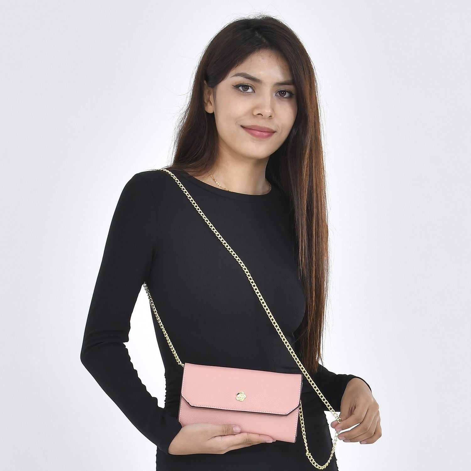 100% Echtleder Clutch mit RFID Schuz, 120 cm metall Riehmen, 20x12 cm, Rosa