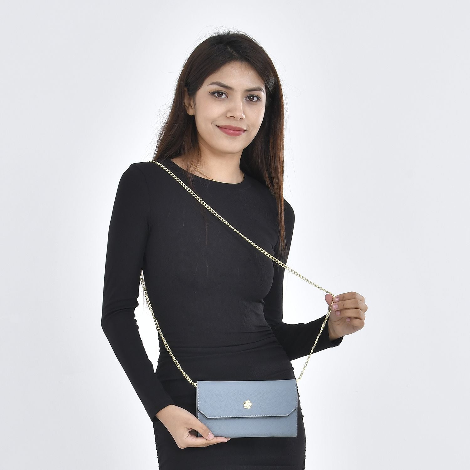 100% Echtleder Clutch mit RFID Schuz, 120 cm metall Riehmen, 20x12 cm, grau