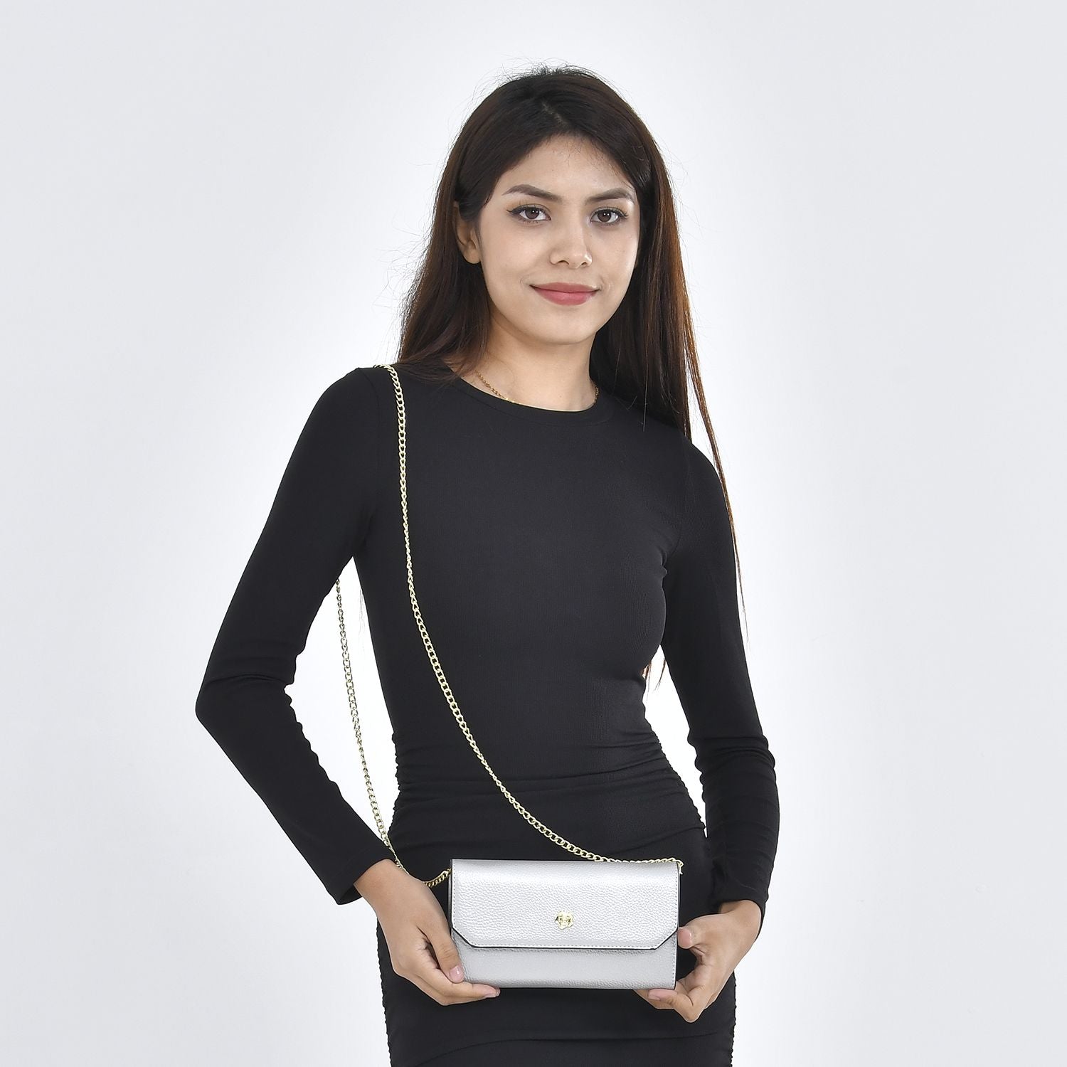 100% Echtleder Clutch mit RFID Schuz, 120 cm metall Riehmen, 20x12 cm, Grau