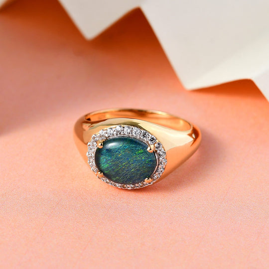 Boulder Opal Triplette und weißer Zirkon-Ring, 925 Silber vergoldet (Größe 21.00) ca. 2.06 ct