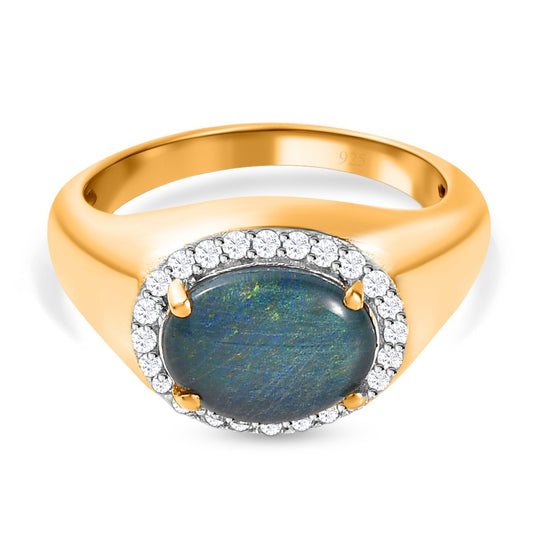 Boulder Opal Triplette und weißer Zirkon-Ring, 925 Silber vergoldet (Größe 21.00) ca. 2.06 ct
