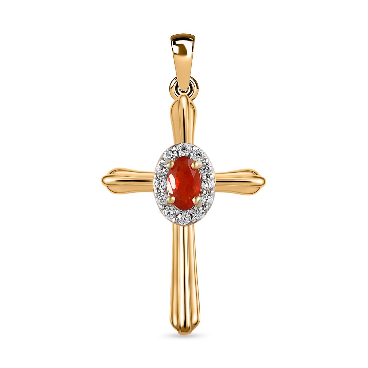 Mexikanischer Kirschfeuer-Opal und weißer Zirkon Kreuz-Anhänger, 925 Silber vergoldet ca. 0.28 ct
