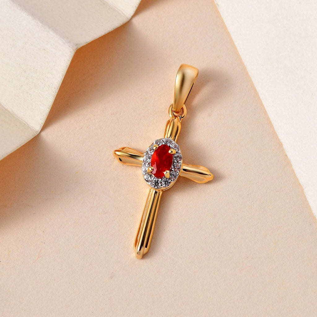 Mexikanischer Kirschfeuer-Opal und weißer Zirkon Kreuz-Anhänger, 925 Silber vergoldet ca. 0.28 ct