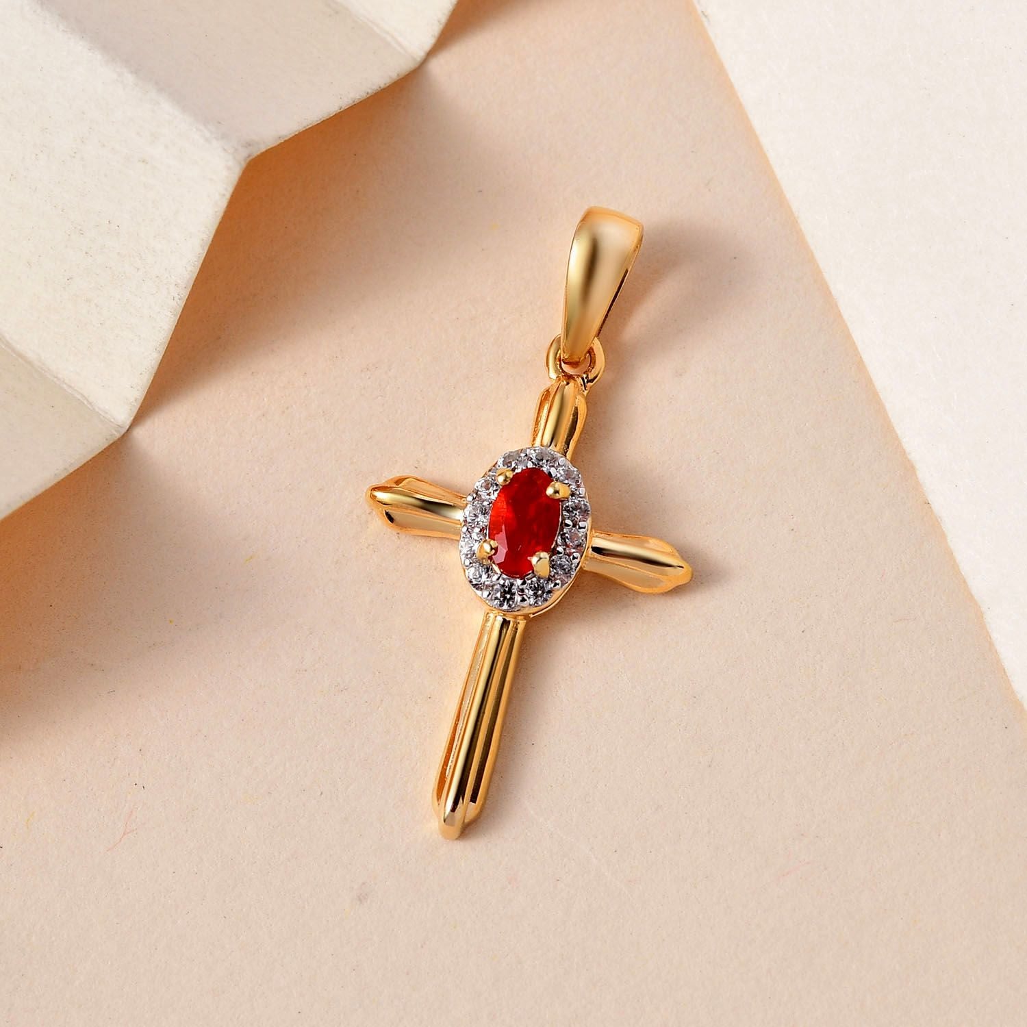 Mexikanischer Kirschfeuer-Opal und weißer Zirkon Kreuz-Anhänger, 925 Silber vergoldet ca. 0.28 ct