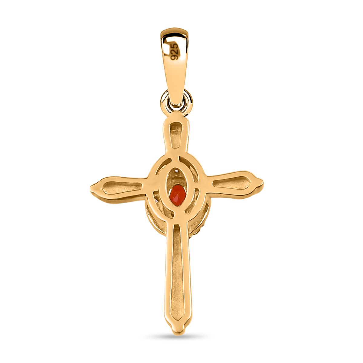 Mexikanischer Kirschfeuer-Opal und weißer Zirkon Kreuz-Anhänger, 925 Silber vergoldet ca. 0.28 ct