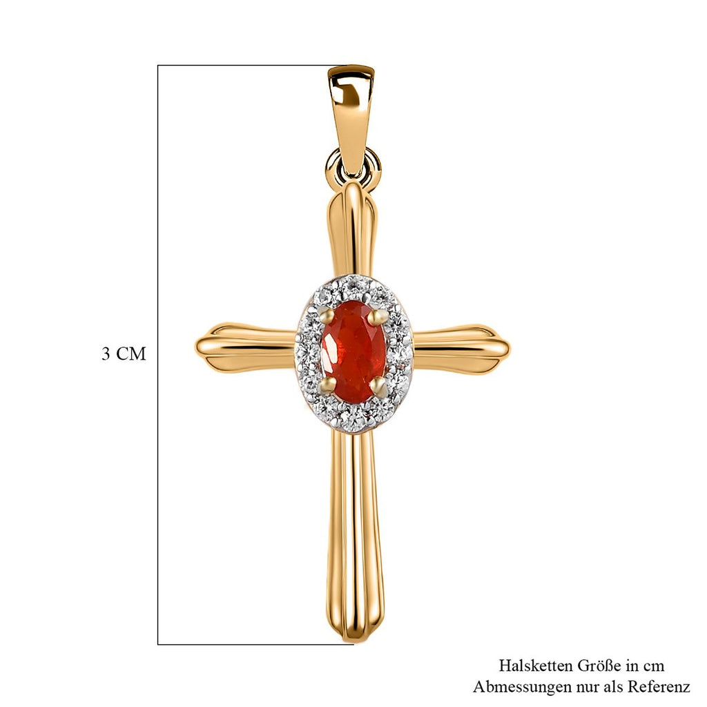 Mexikanischer Kirschfeuer-Opal und weißer Zirkon Kreuz-Anhänger, 925 Silber vergoldet ca. 0.28 ct
