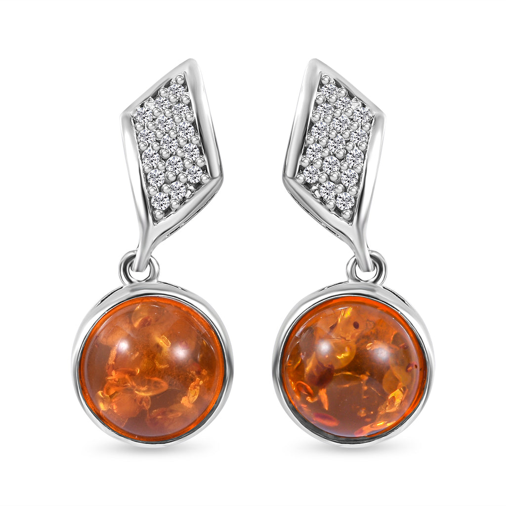AAA Natürlicher Baltische Bernstein und weiße Zirkon Ohrringe, 925 Silber platiniert ca. 2,08 ct